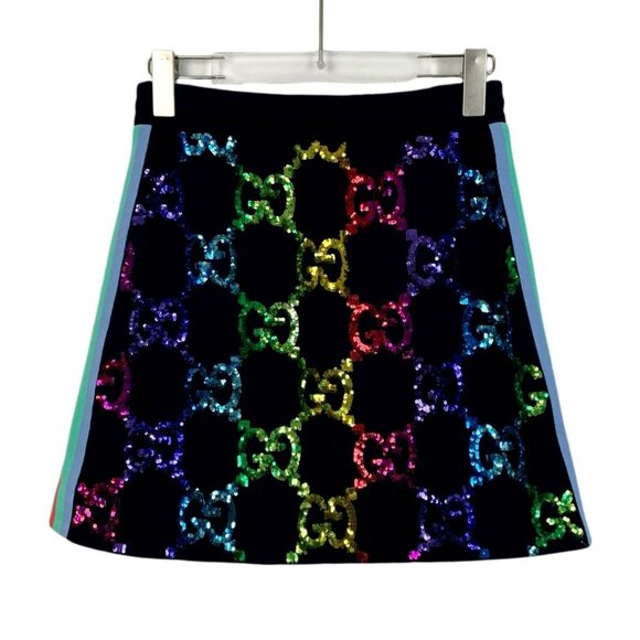 Gucci Womens Rainbow Sequin GG Monogram Skirt W/ Side Stripes - Picture 2 of 7